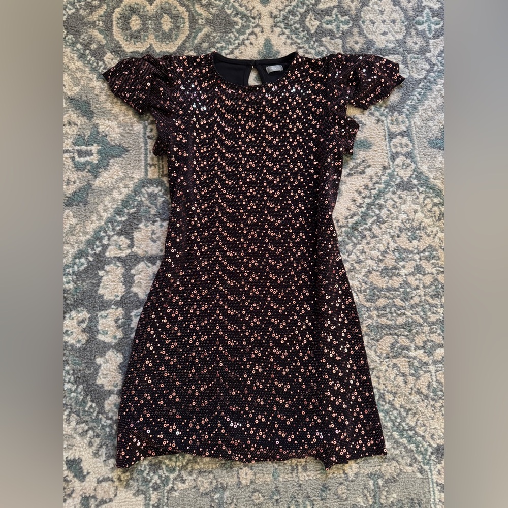 Next Uk direct sparkly Black and bronze Sequin  flutter sleeve Dress age 11-12